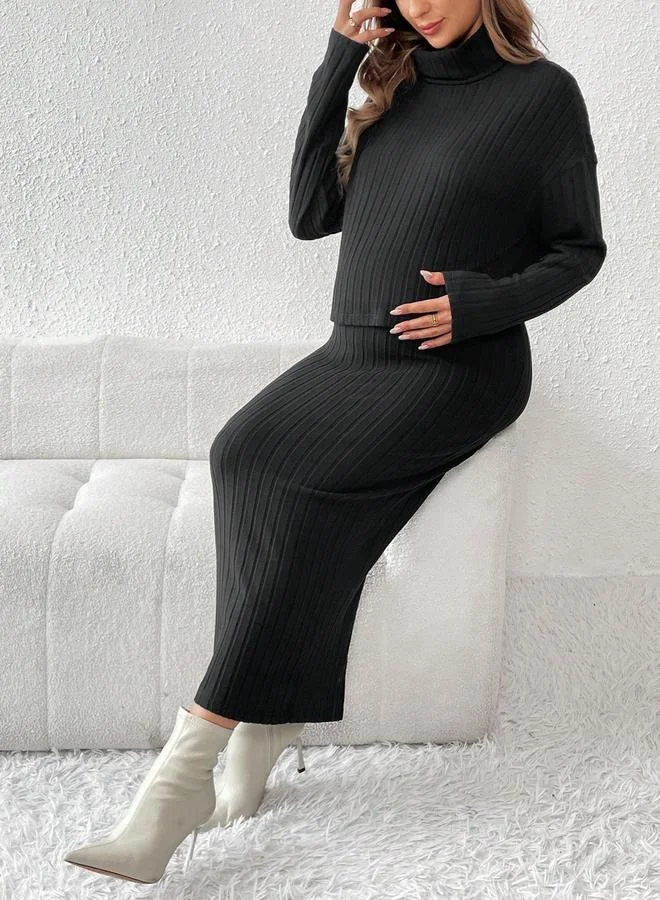 Take Two  Women High Neck Top and Adjustable Elastic Skirt Maternity Ribbed Set for Women | Best Price UAE